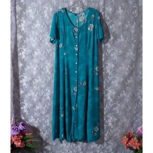 Vintage 90s Floral Dress Size XL 1990s Green Rayon Cottage Prairie Long Maxi